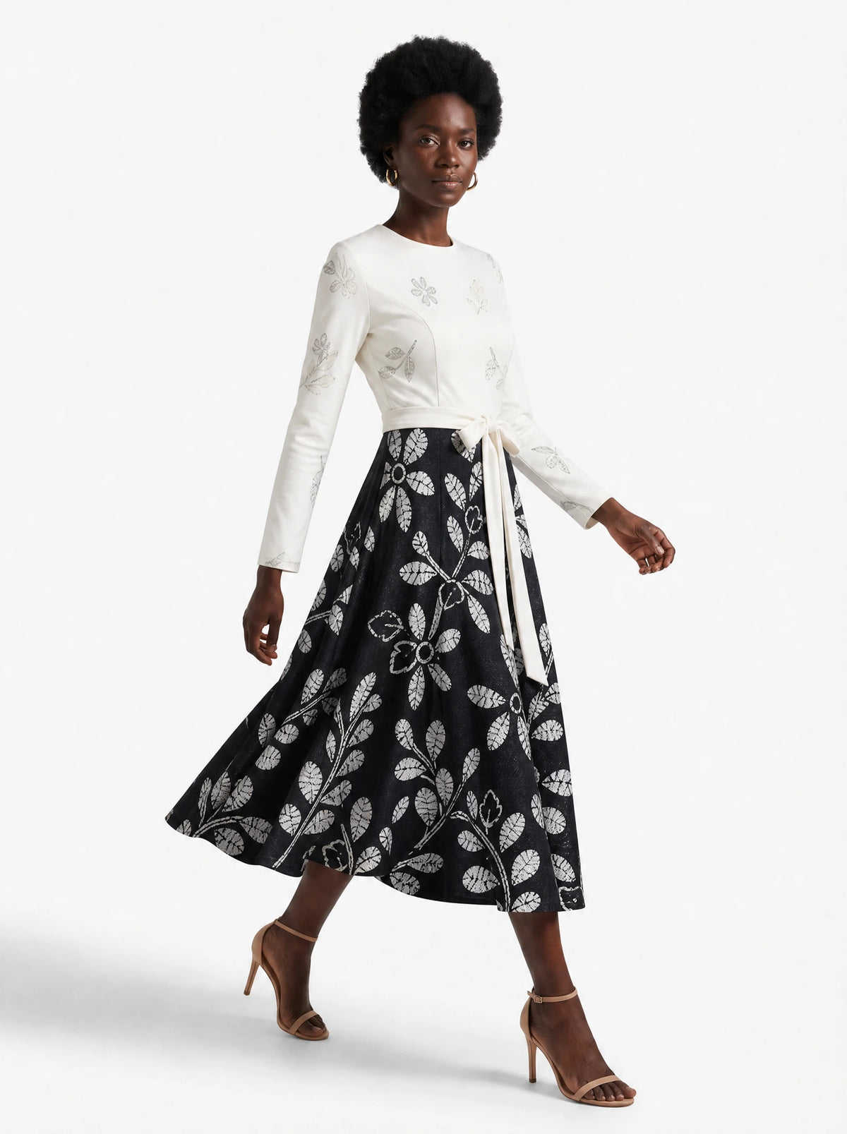 "Kivuli" Long Sleeve Midaxi Dress — three-quarter view on model, hand in the side pocket