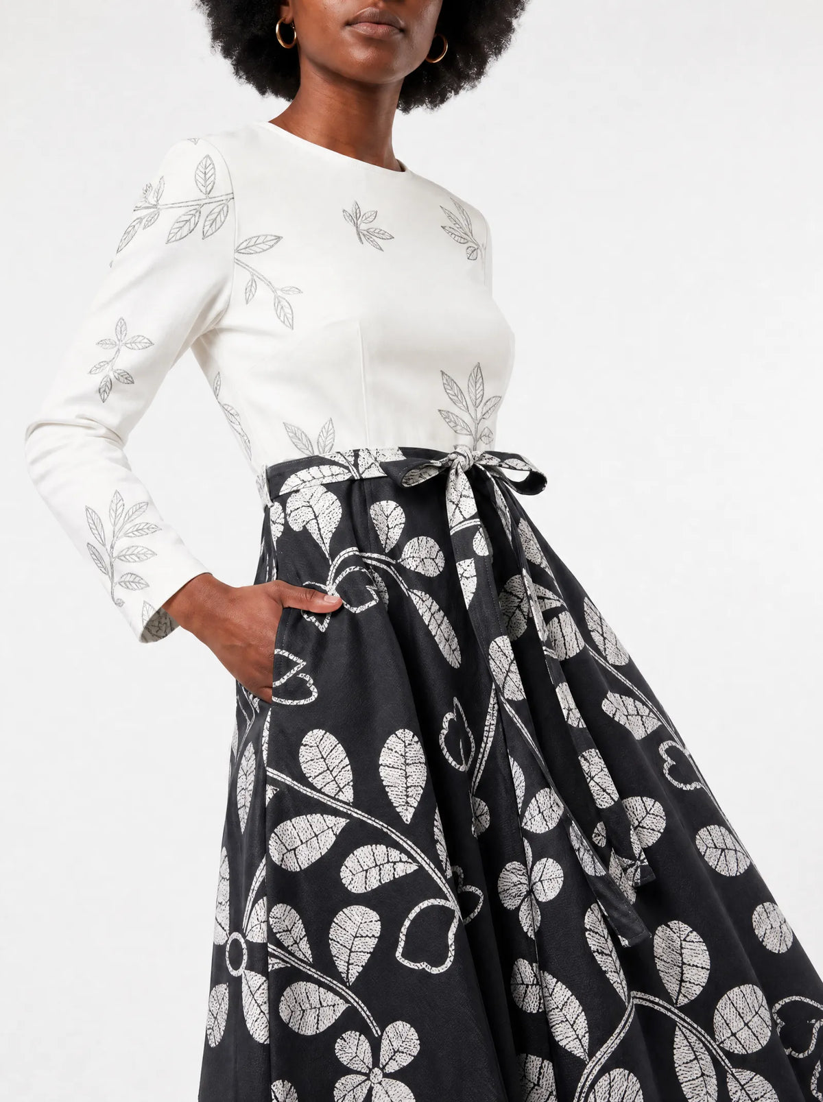 "Kivuli" Long Sleeve Midaxi Dress — close-up of the tie sash and the in-seam side pocket