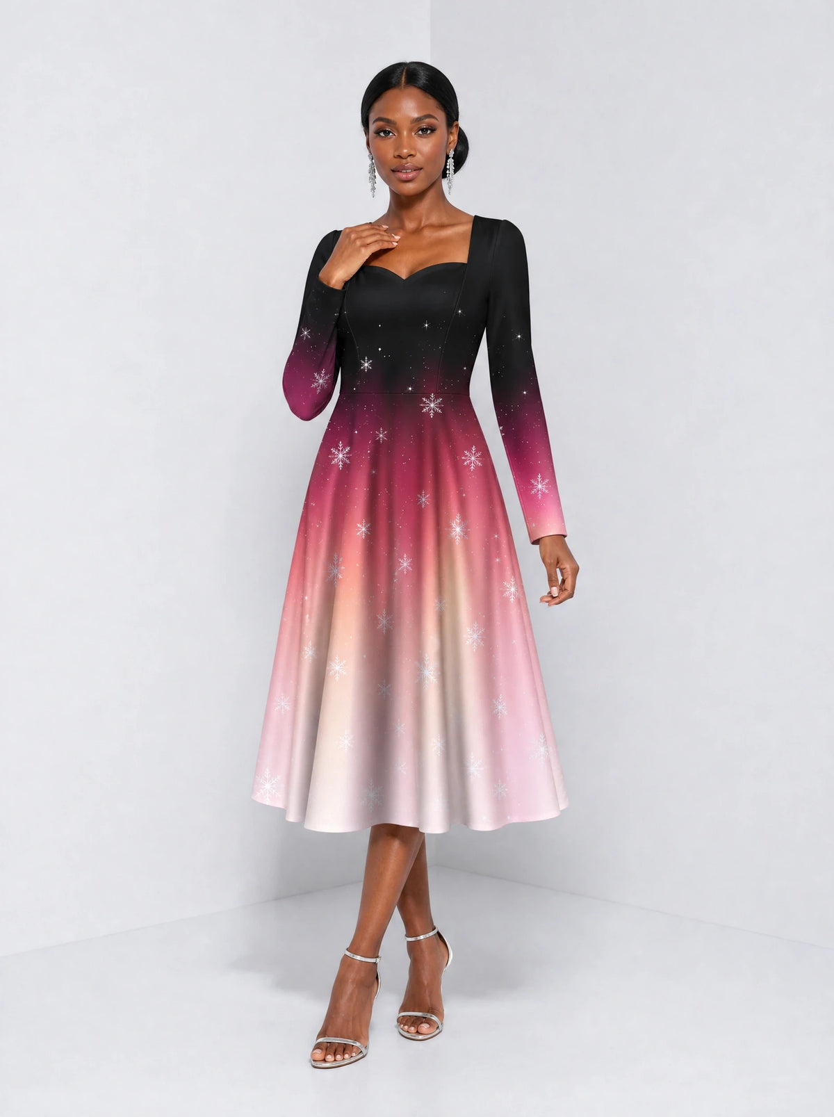 "Kiza" Long Sleeve Sweetheart Midi Dress — front view on model