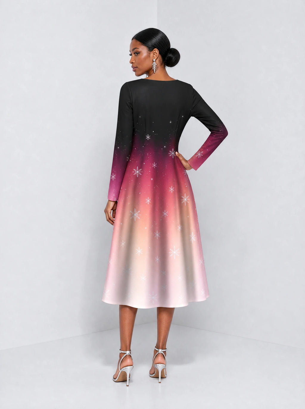 "Kiza" Long Sleeve Sweetheart Midi Dress — back view on model