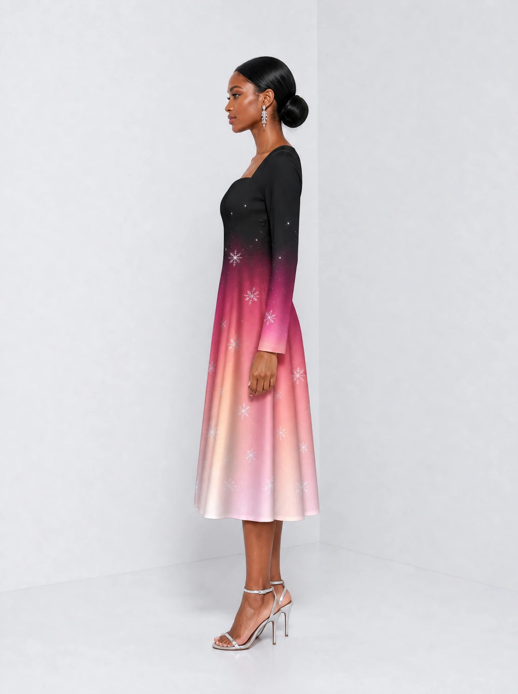 "Kiza" Long Sleeve Sweetheart Midi Dress — side view on model