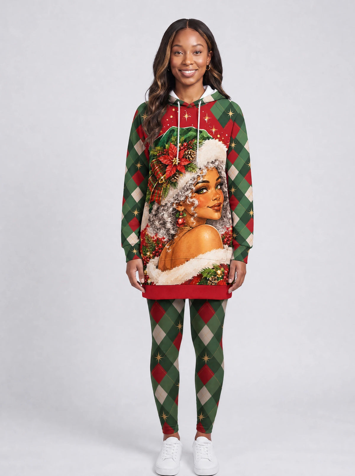 "Kofia" Christmas Hoodie Dress — front view on model, styled with the matching leggings