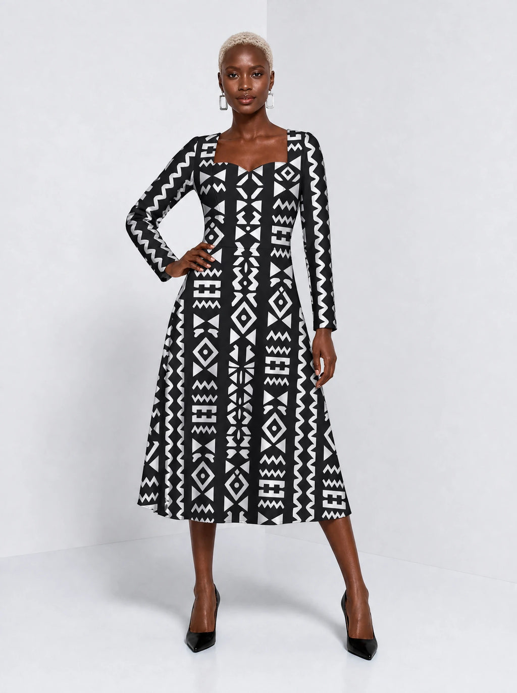 "Kuba" Long Sleeve Sweetheart Midi Dress — front view on model