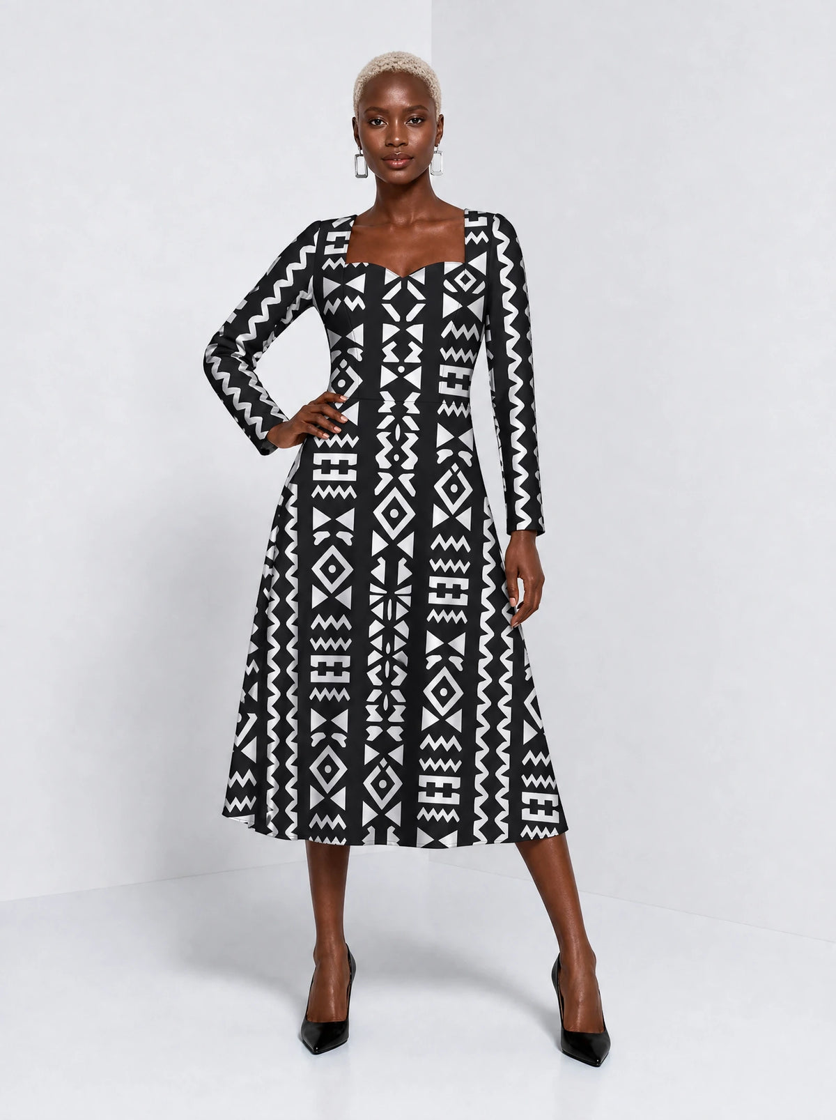 "Kuba" Long Sleeve Sweetheart Midi Dress — front view on model