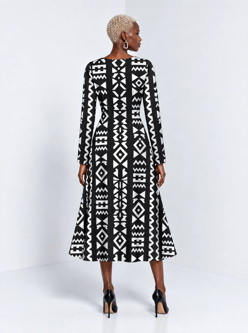 "Kuba" Long Sleeve Sweetheart Midi Dress — back view on model