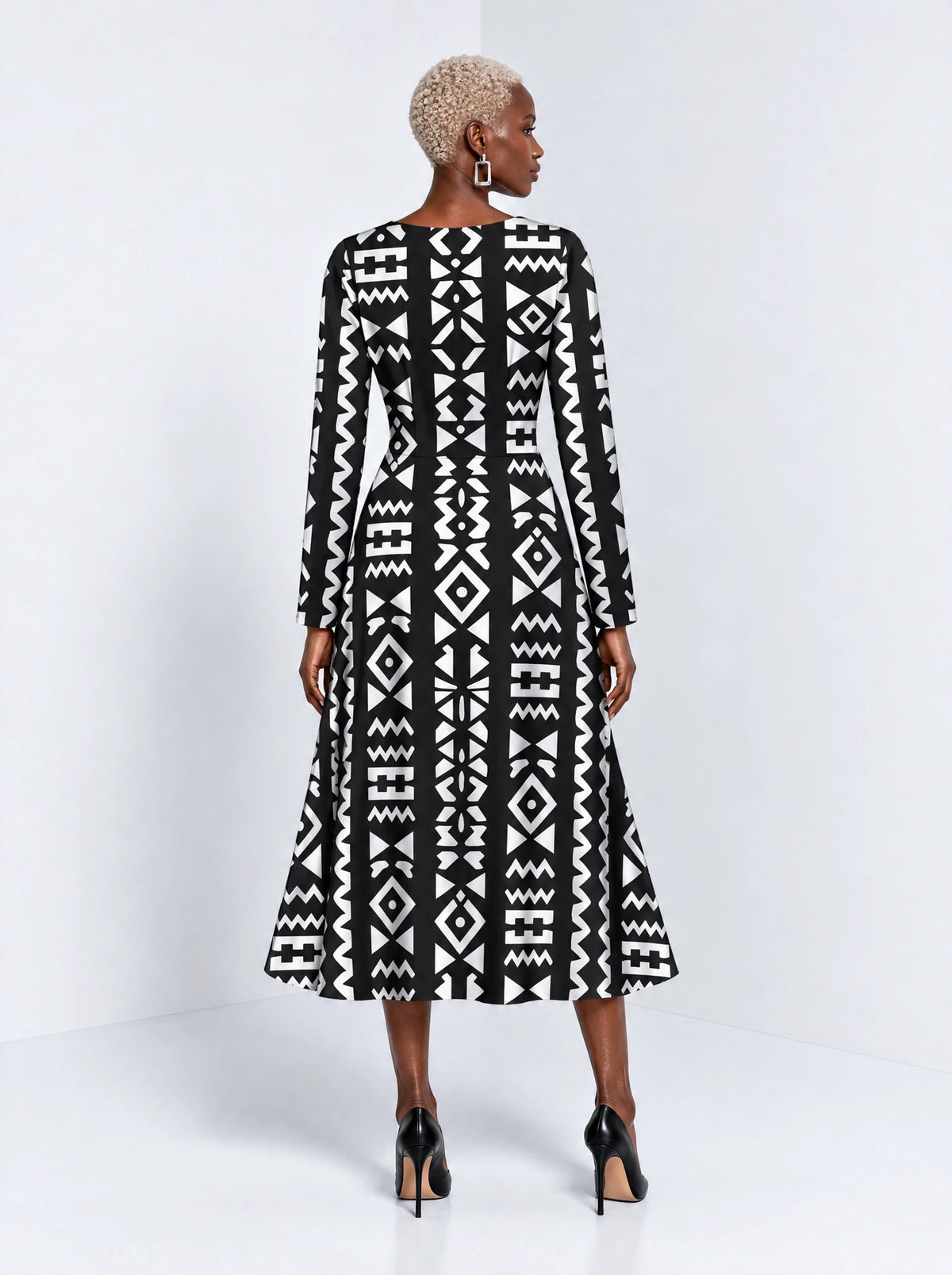 "Kuba" Long Sleeve Sweetheart Midi Dress — back view on model