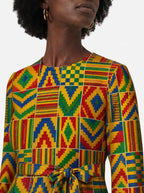 "Kumasi" Long Sleeve Midaxi Dress — close-up of the round neckline and long sleeve
