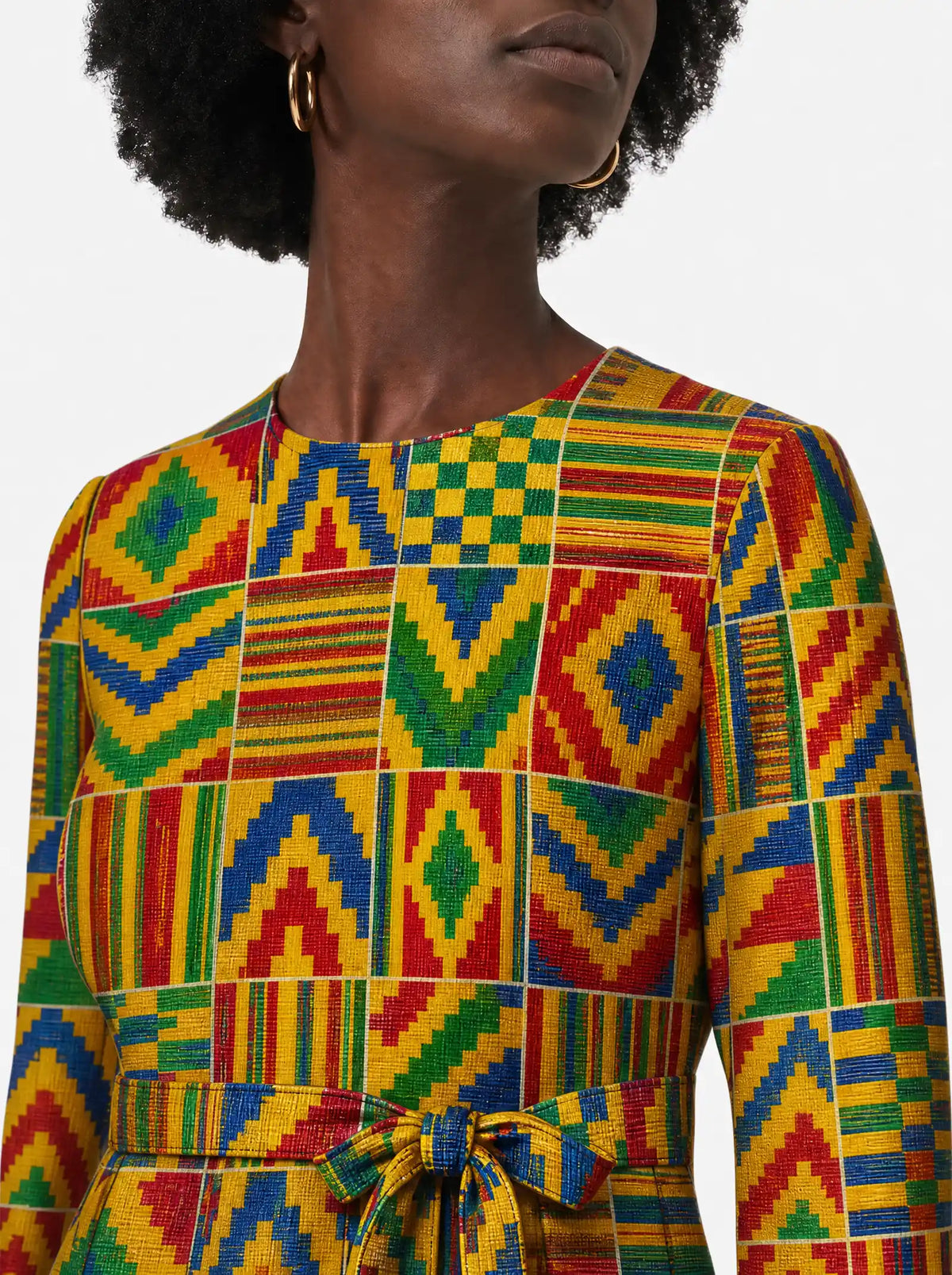 "Kumasi" Long Sleeve Midaxi Dress — close-up of the round neckline and long sleeve
