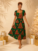 "Kuumba" Sweetheart Midi Dress — on model, Christmas backdrop