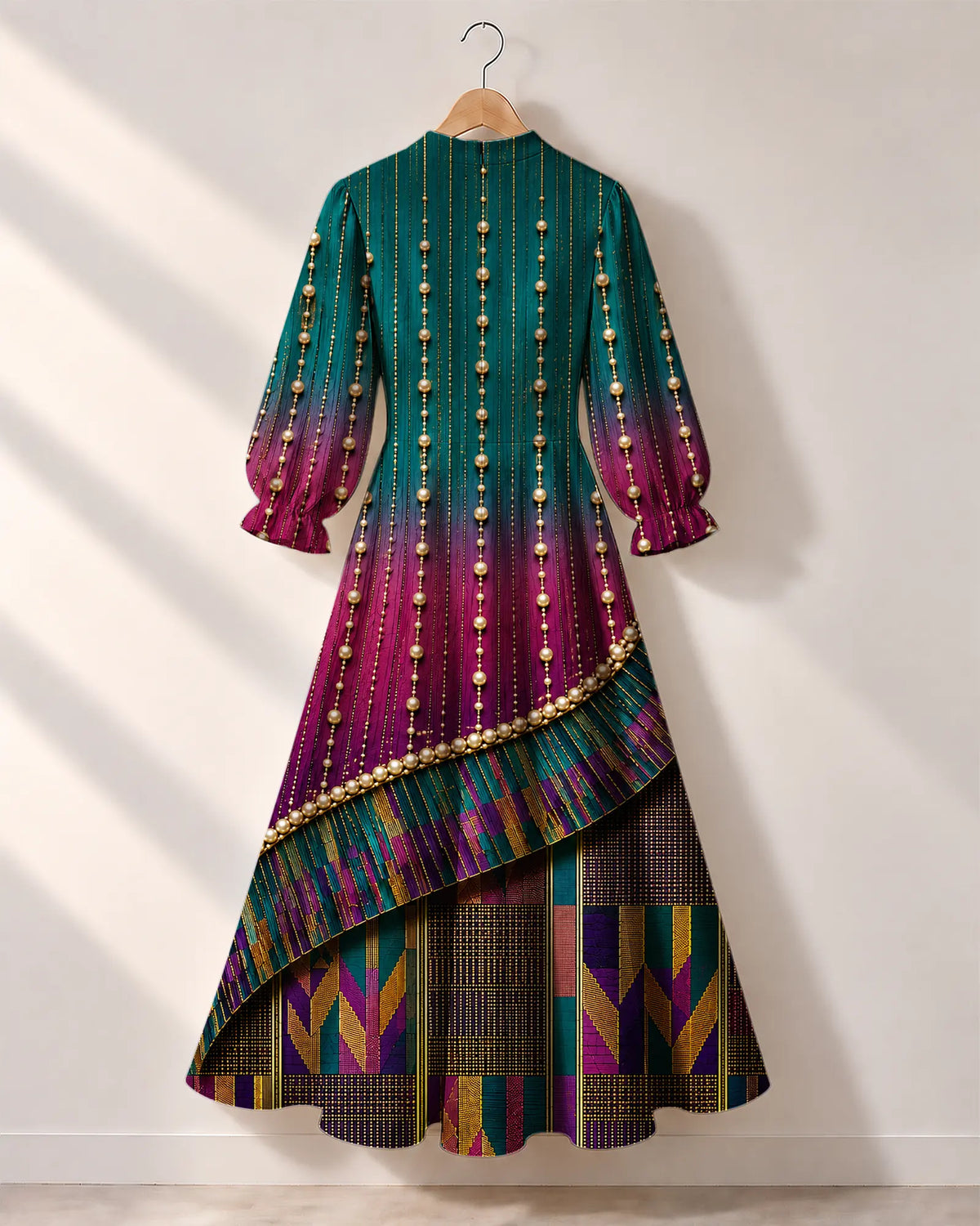 "Lulu" Long Puff Sleeve Dress — the dress on a hanger, back