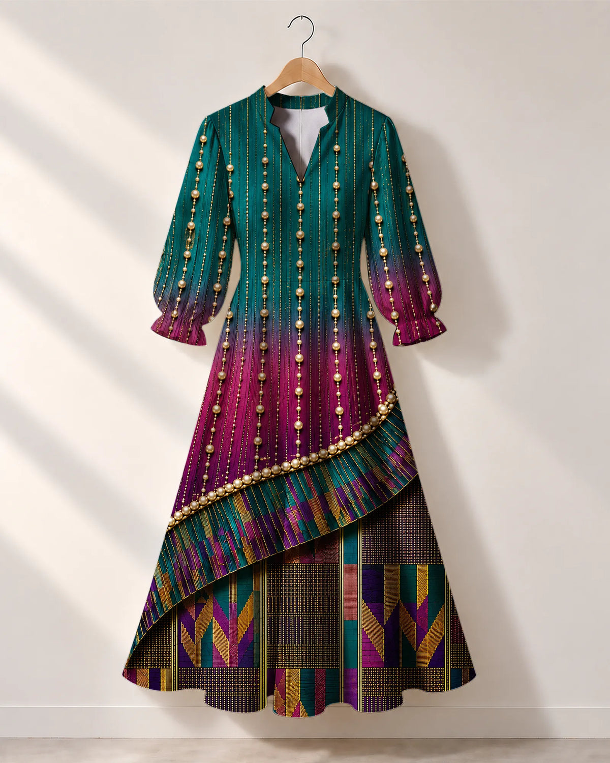 "Lulu" Long Puff Sleeve Dress — the dress on a hanger, front