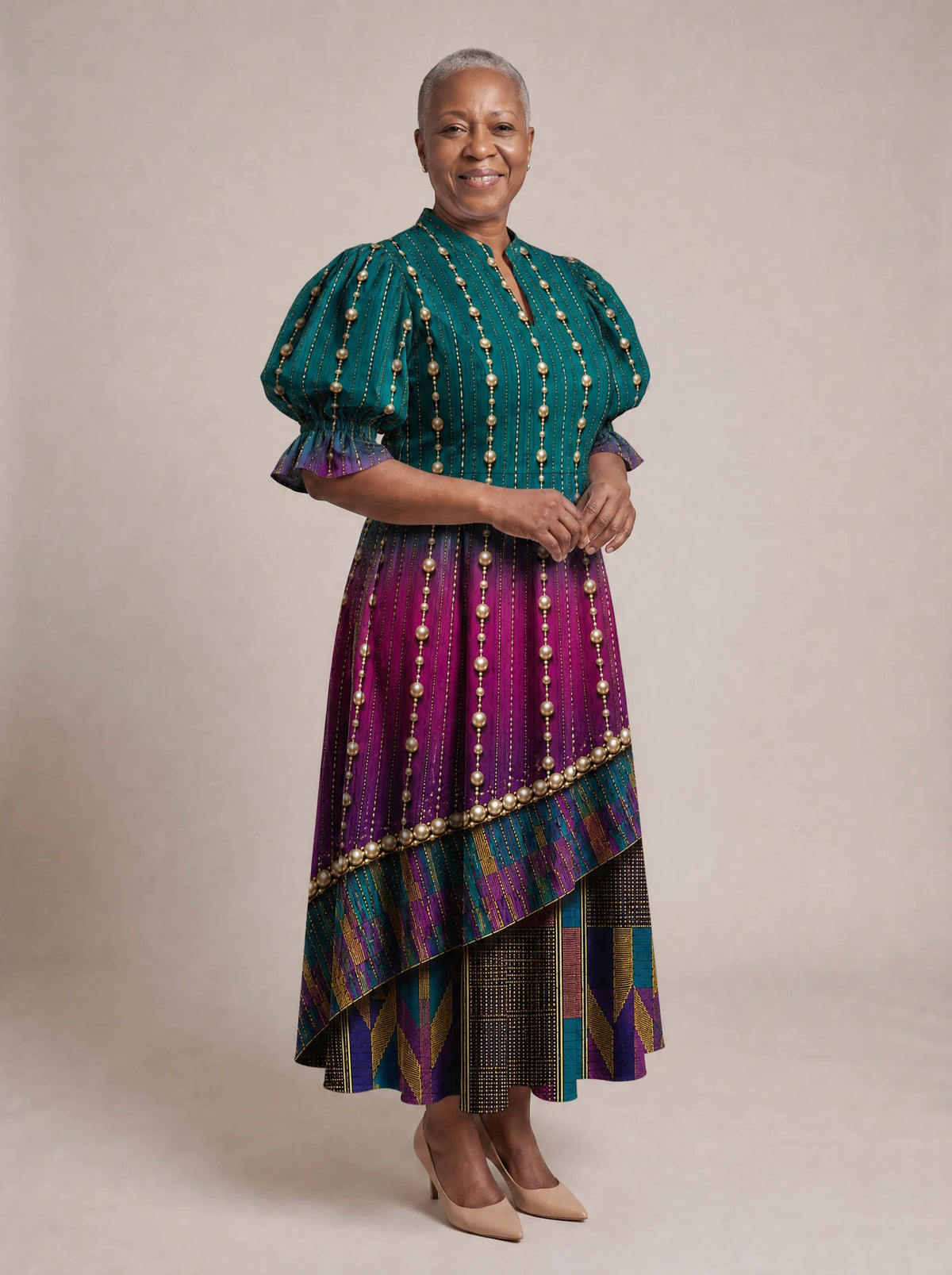 "Lulu" Puff Sleeve Dress — walking, three-quarter view on model
