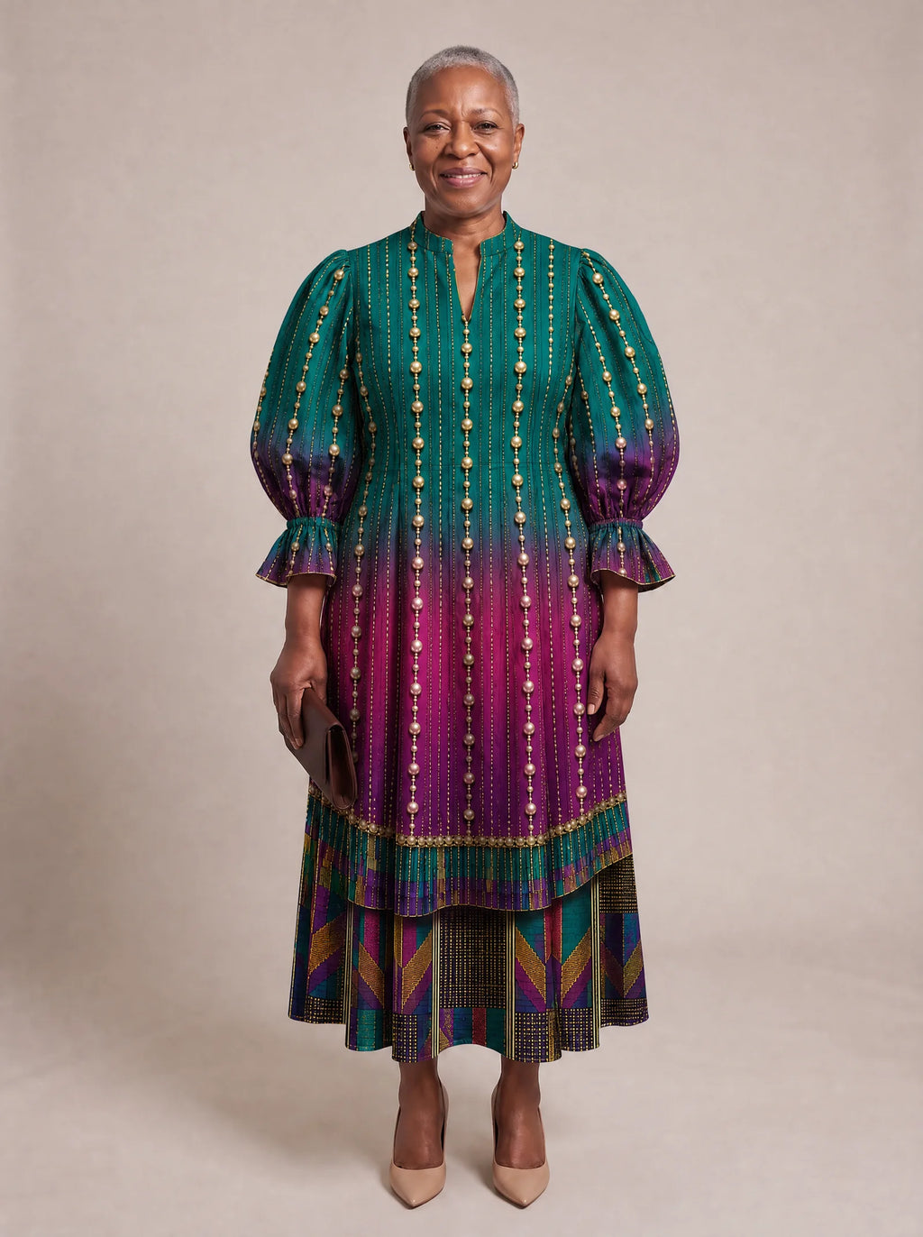 "Lulu" Puff Sleeve Dress — standing, angled view on model