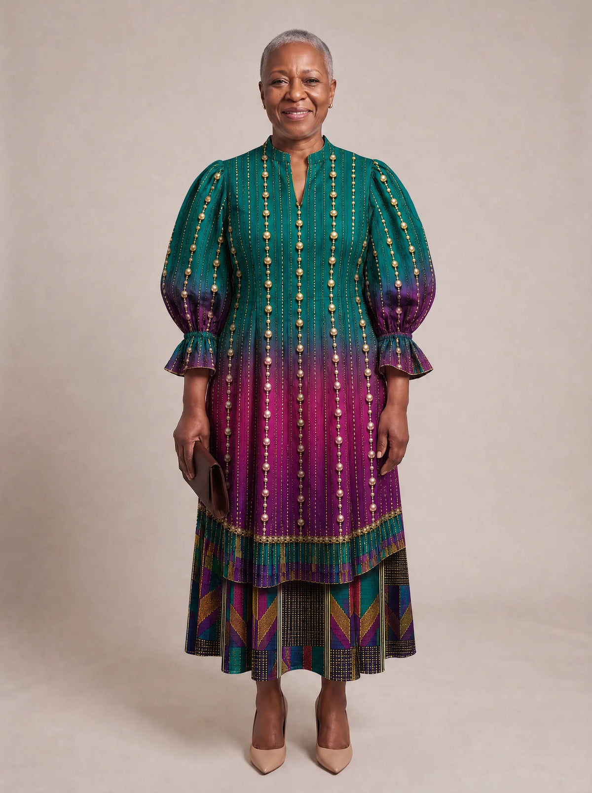 "Lulu" Puff Sleeve Dress — standing, angled view on model
