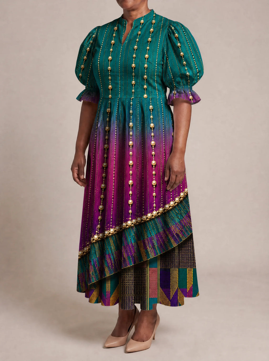 "Lulu" Puff Sleeve Dress — three-quarter view on model