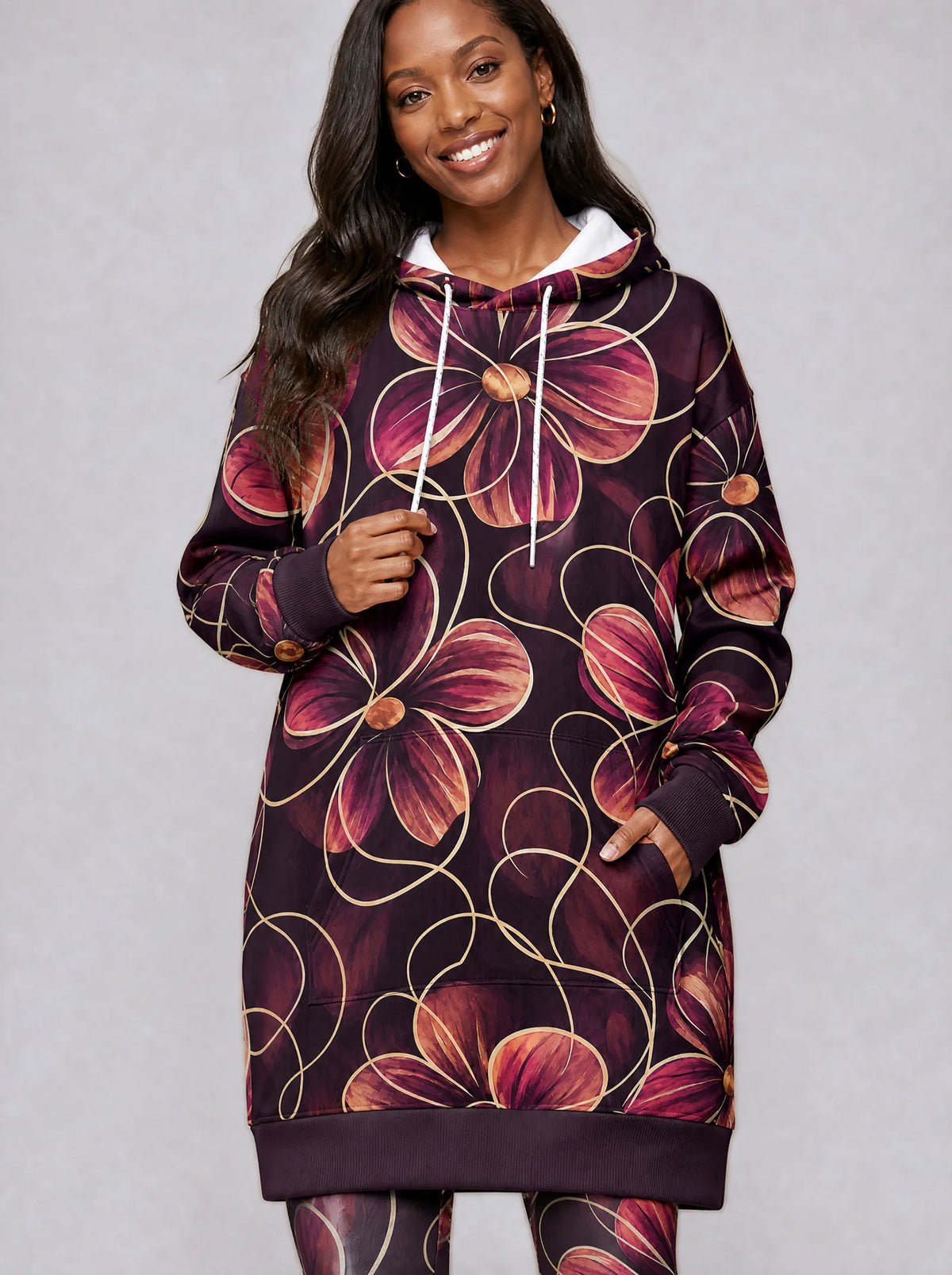 "Machipuko" Hoodie Dress — close-up on model, styled with the matching leggings