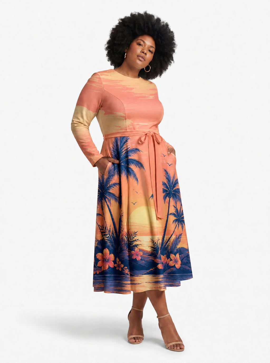 "Machweo" Long Sleeve Midaxi Dress — three-quarter view on model, hand in the side pocket