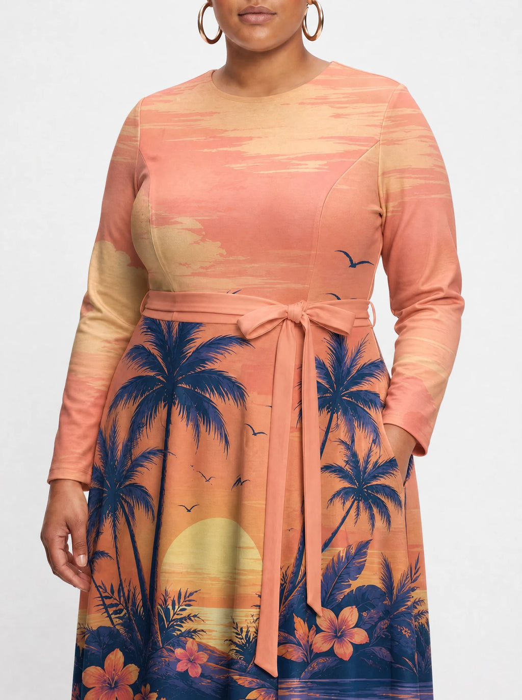 "Machweo" Long Sleeve Midaxi Dress — close-up of the tie sash and the in-seam side pocket