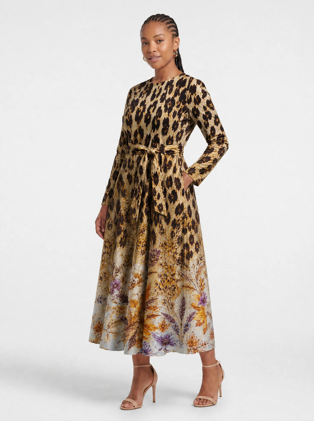 "Madoa" Long Sleeve Midaxi Dress — front view on model