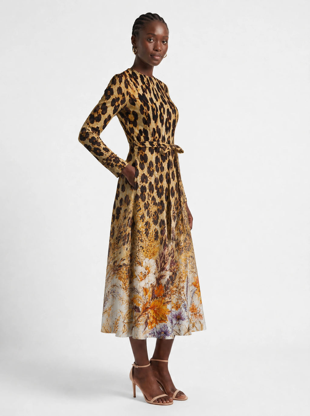 "Madoa" Long Sleeve Midaxi Dress — three-quarter view on model, hand in the side pocket