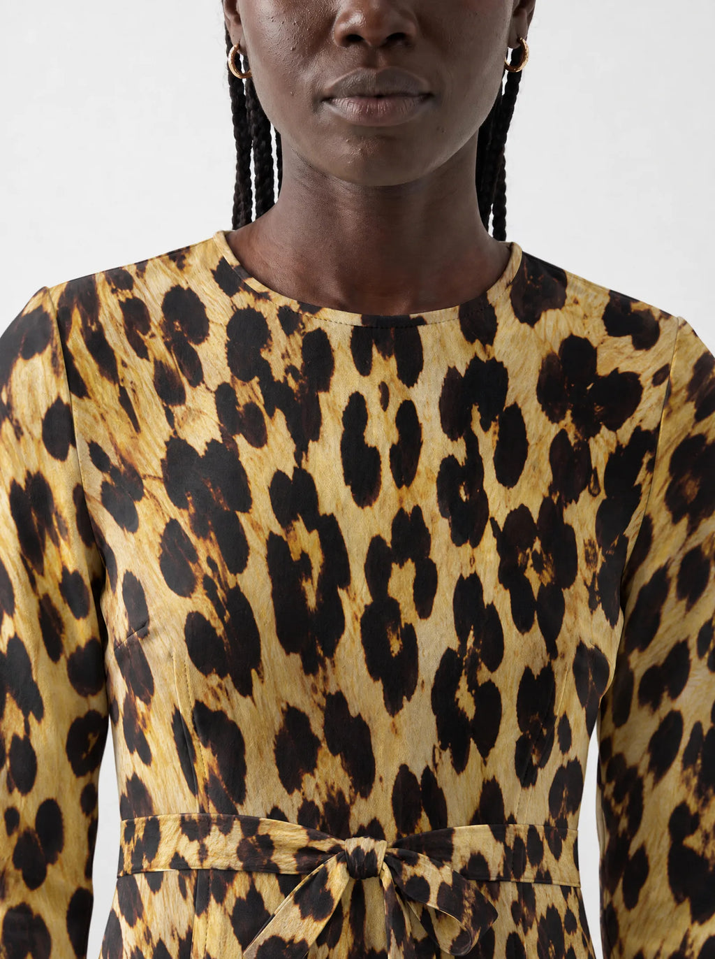 "Madoa" Long Sleeve Midaxi Dress — close-up of the round neckline and long sleeve