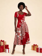 "Mahina" Sweetheart Midi Dress — on model, Christmas backdrop