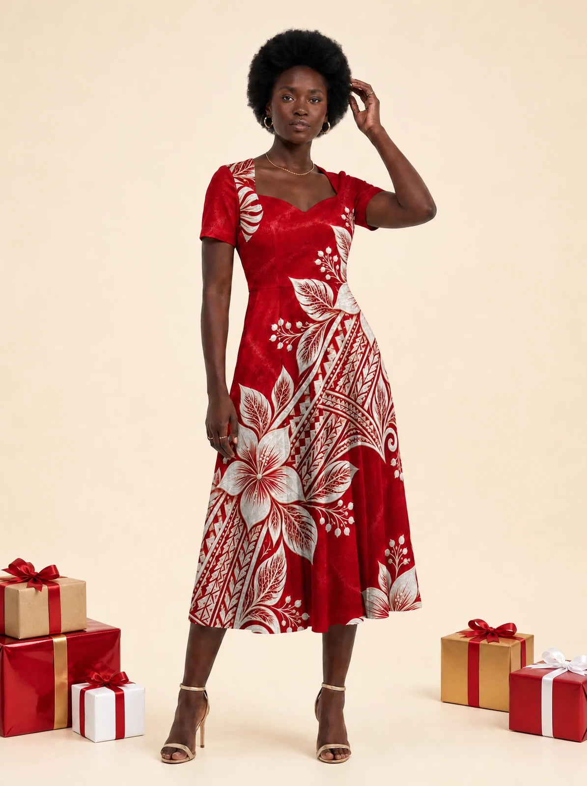 "Mahina" Sweetheart Midi Dress — on model, Christmas backdrop