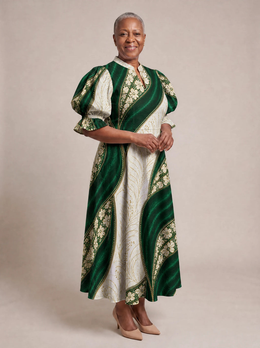"Maile" Puff Sleeve Dress — walking, three-quarter view on model