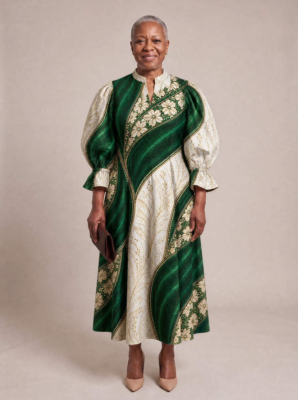 "Maile" Puff Sleeve Dress — standing, angled view on model