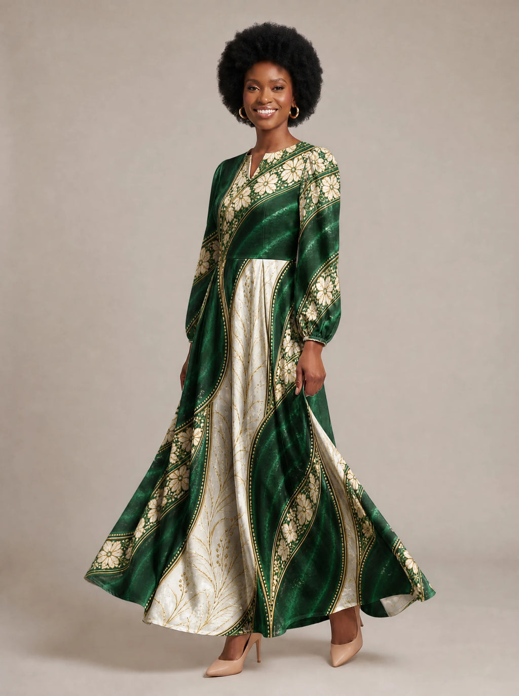 "Maile" Puff Sleeve Maxi Dress — walking, three-quarter view on model