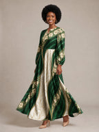 "Maile" Puff Sleeve Maxi Dress — walking, three-quarter view on model