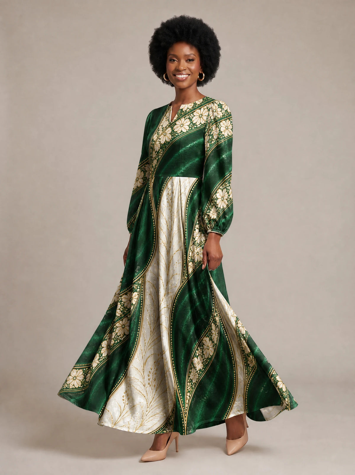 "Maile" Puff Sleeve Maxi Dress — walking, three-quarter view on model