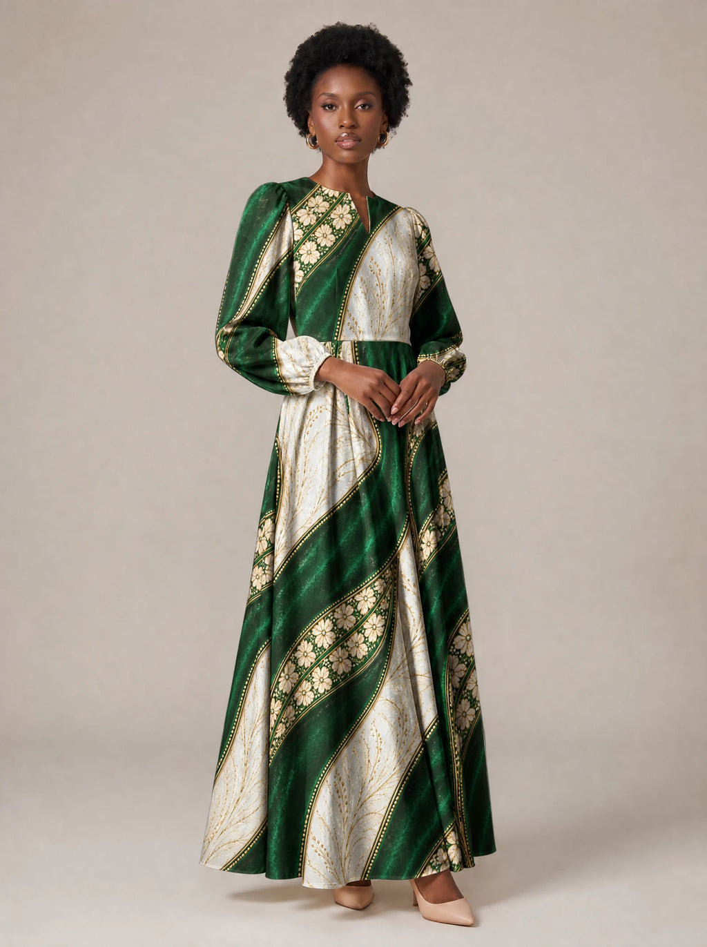 "Maile" Puff Sleeve Maxi Dress — standing, angled view on model
