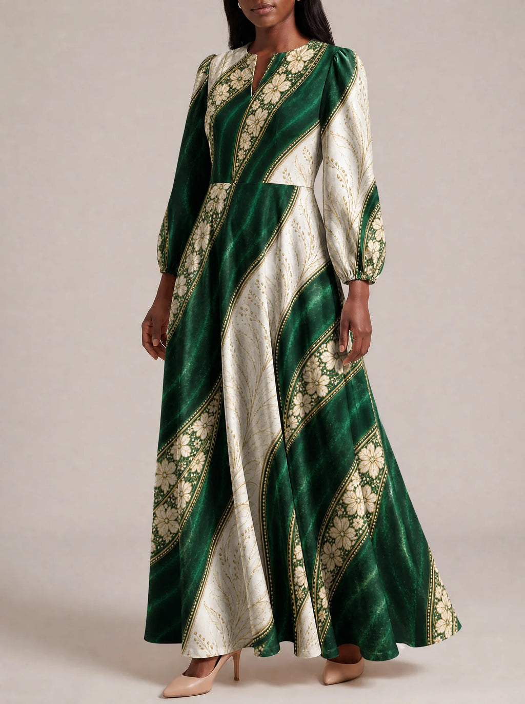 "Maile" Puff Sleeve Maxi Dress — three-quarter view on model