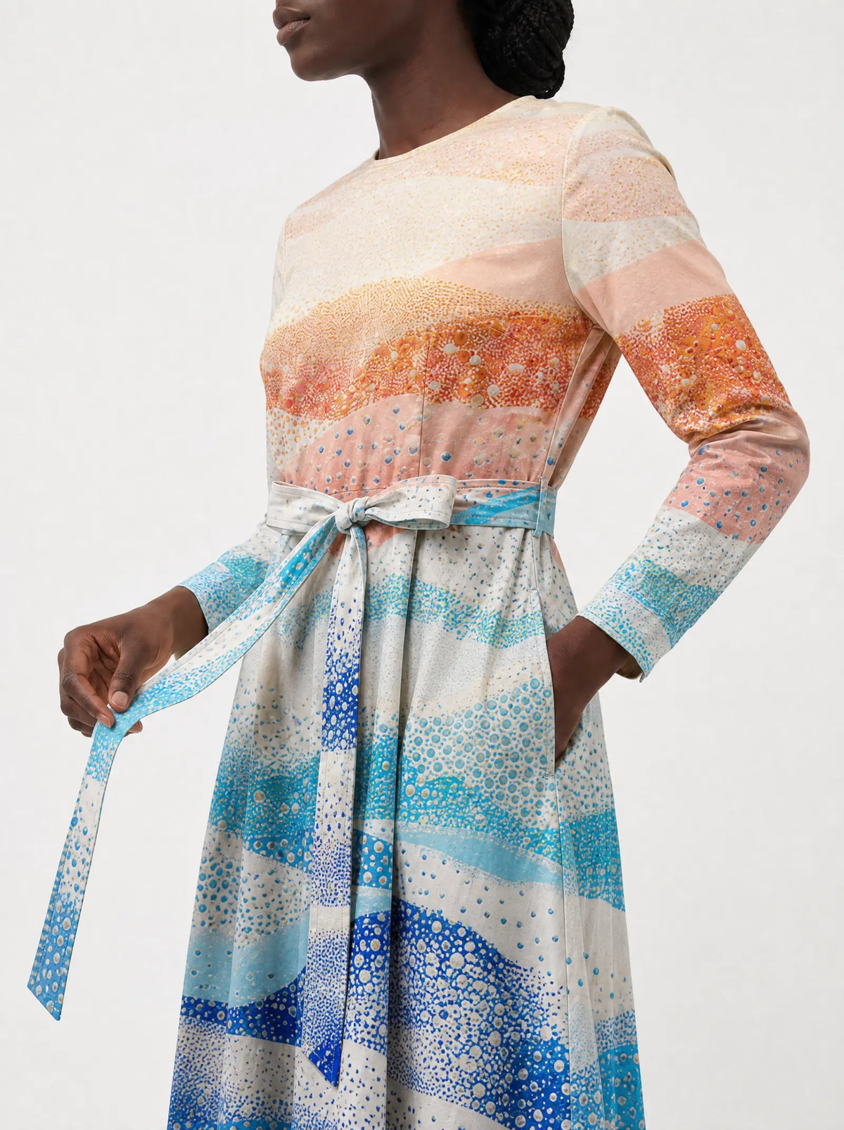 "Maji" Long Sleeve Midaxi Dress — close-up of the tie sash and the in-seam side pocket