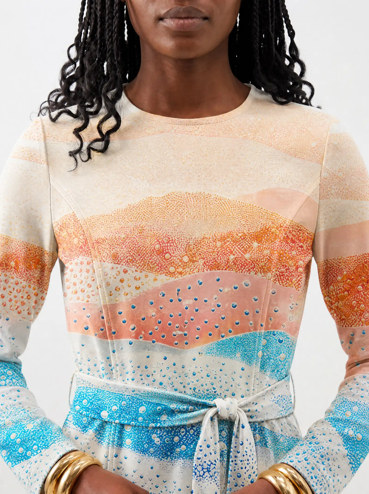 "Maji" Long Sleeve Midaxi Dress — close-up of the round neckline and long sleeve