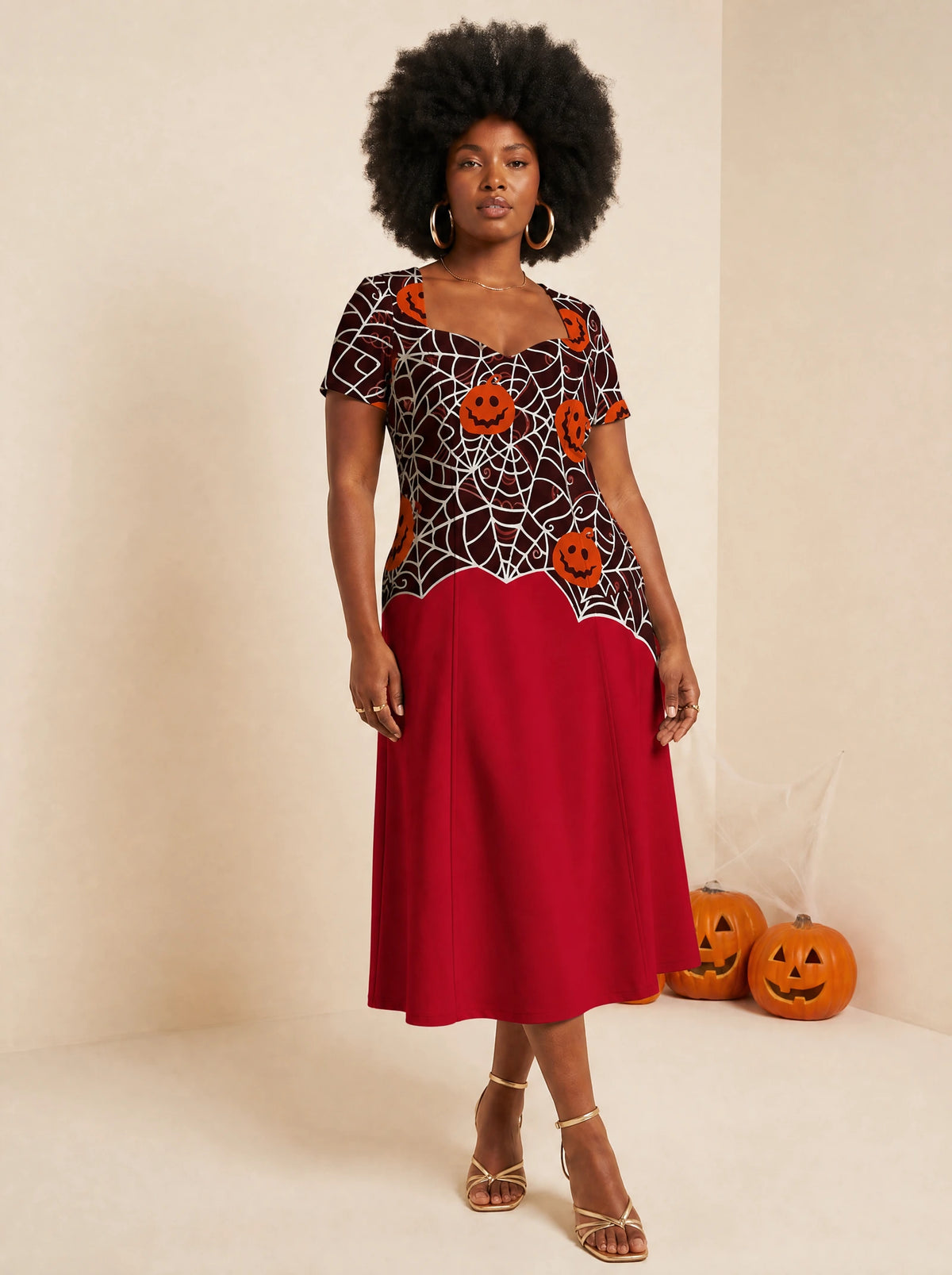 "Malenge" Halloween Sweetheart Midi Dress — front view on model