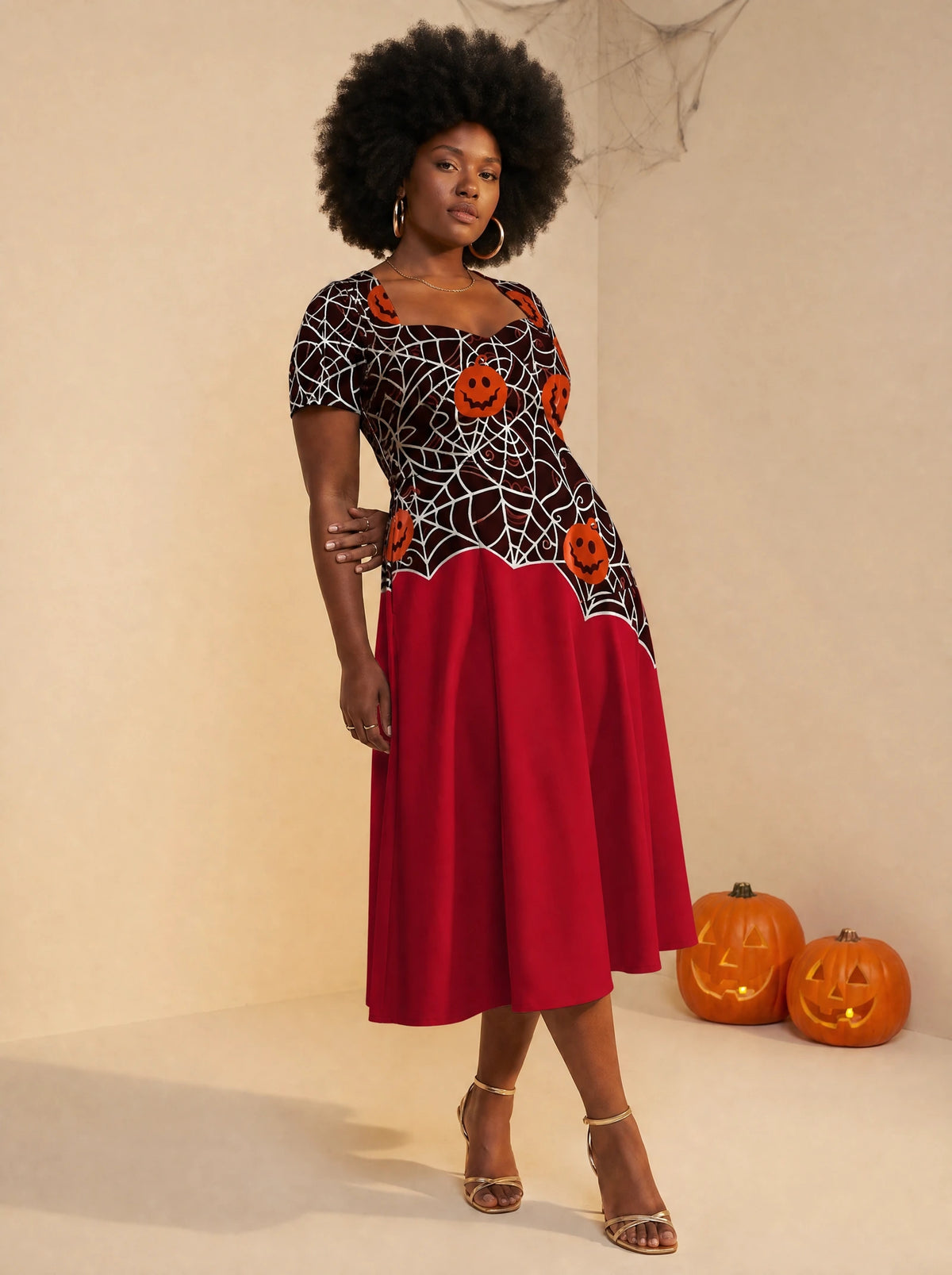 "Malenge" Halloween Sweetheart Midi Dress — three-quarter view on model