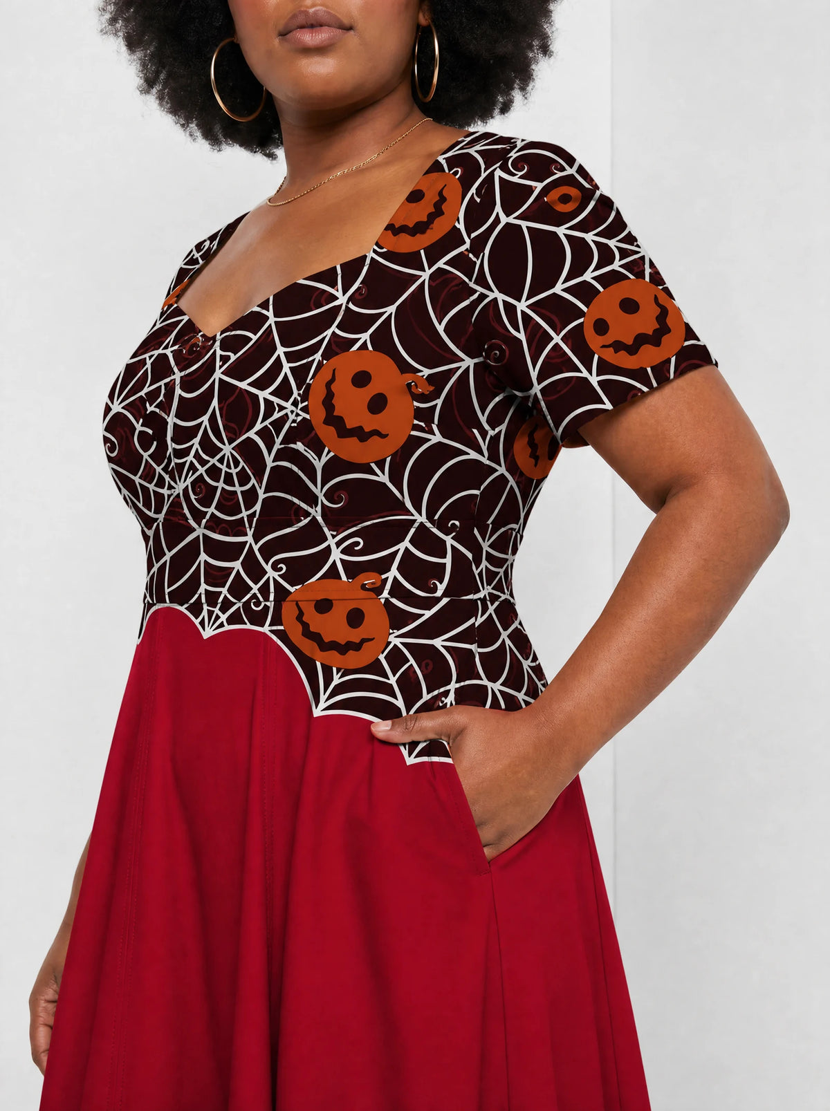 "Malenge" Halloween Sweetheart Midi Dress — close-up of the bodice and the in-seam side pocket