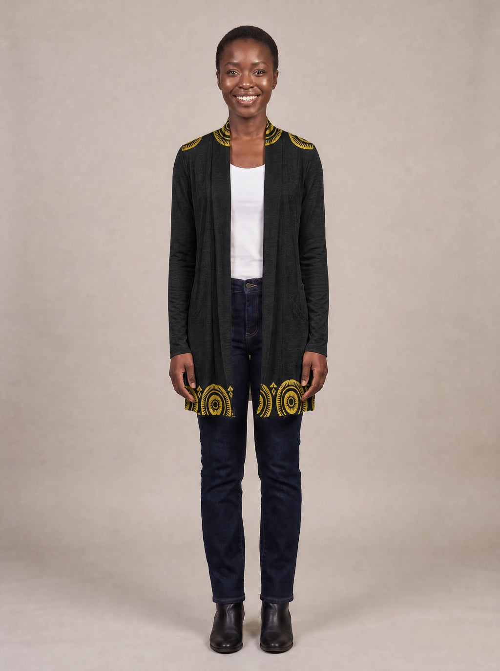"Mamafo" Long Cardigan — front view on model
