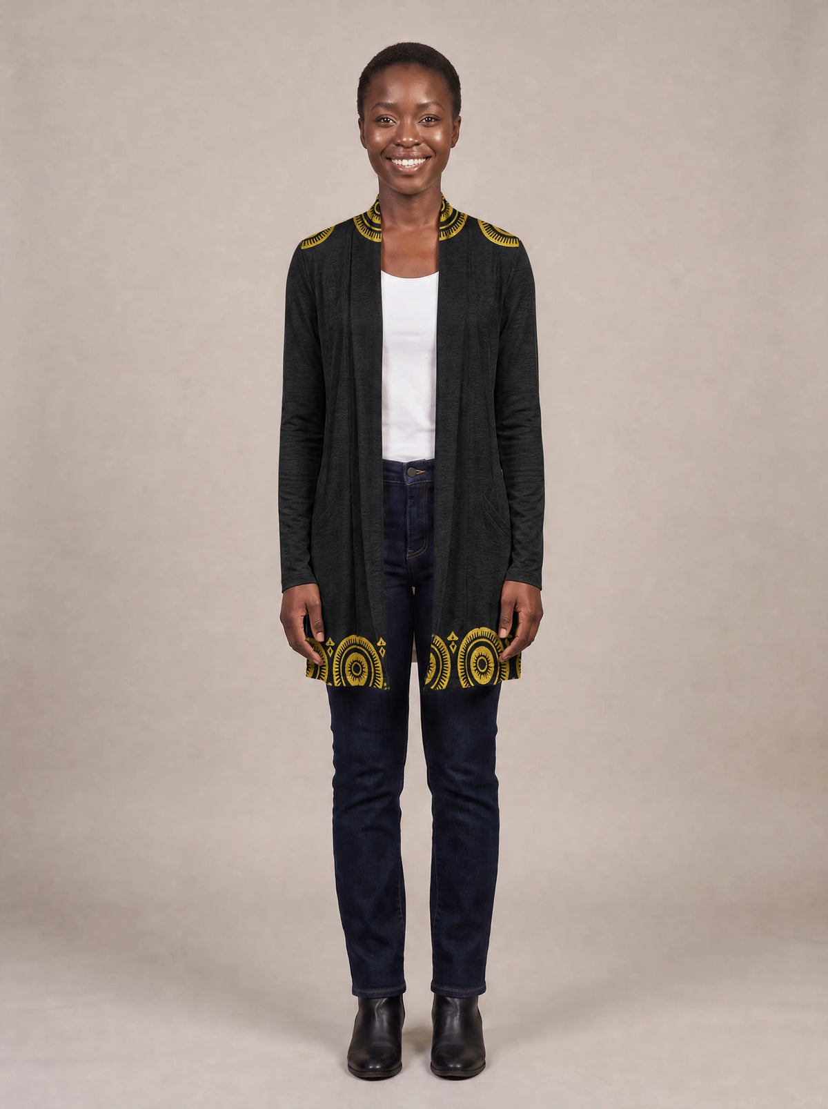 "Mamafo" Long Cardigan — front view on model