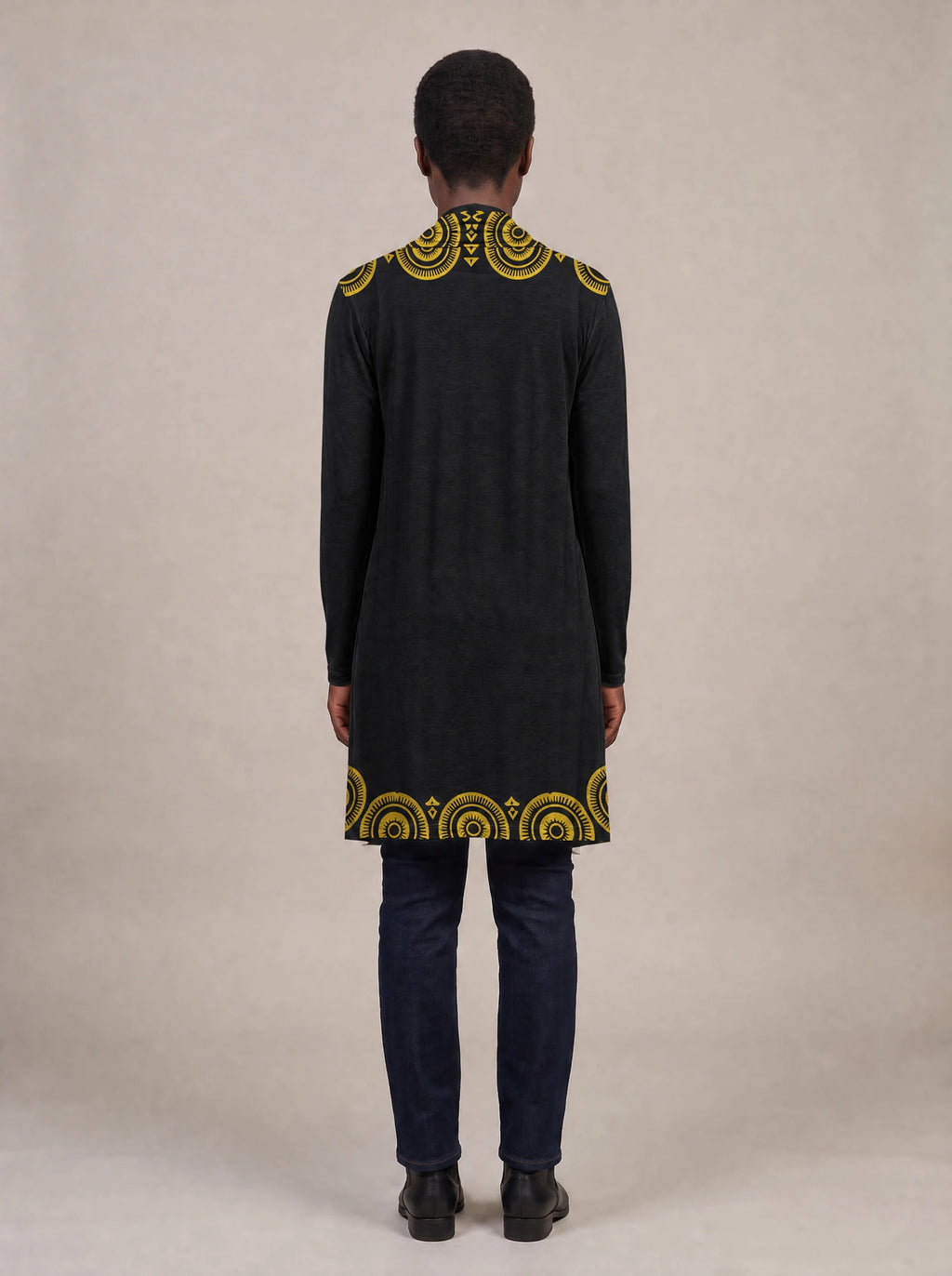 "Mamafo" Long Cardigan — back view on model