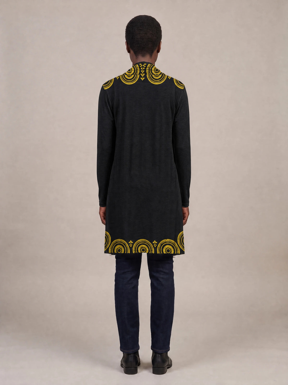 "Mamafo" Long Cardigan — back view on model
