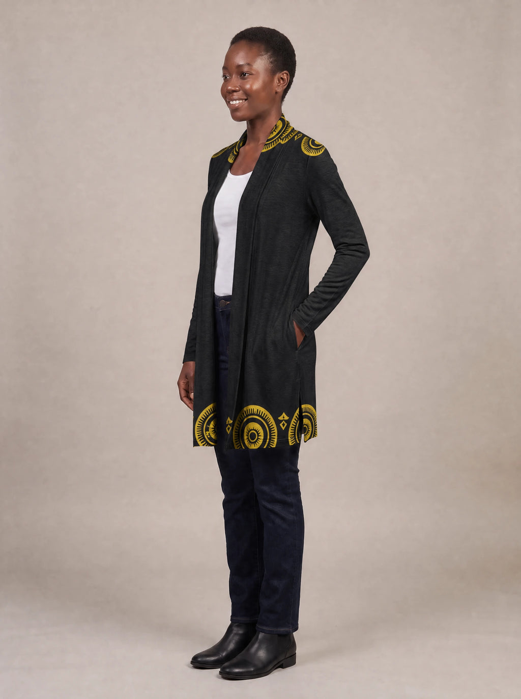 "Mamafo" Long Cardigan — side view on model, hand in pocket