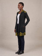 "Mamafo" Long Cardigan — side view on model, hand in pocket