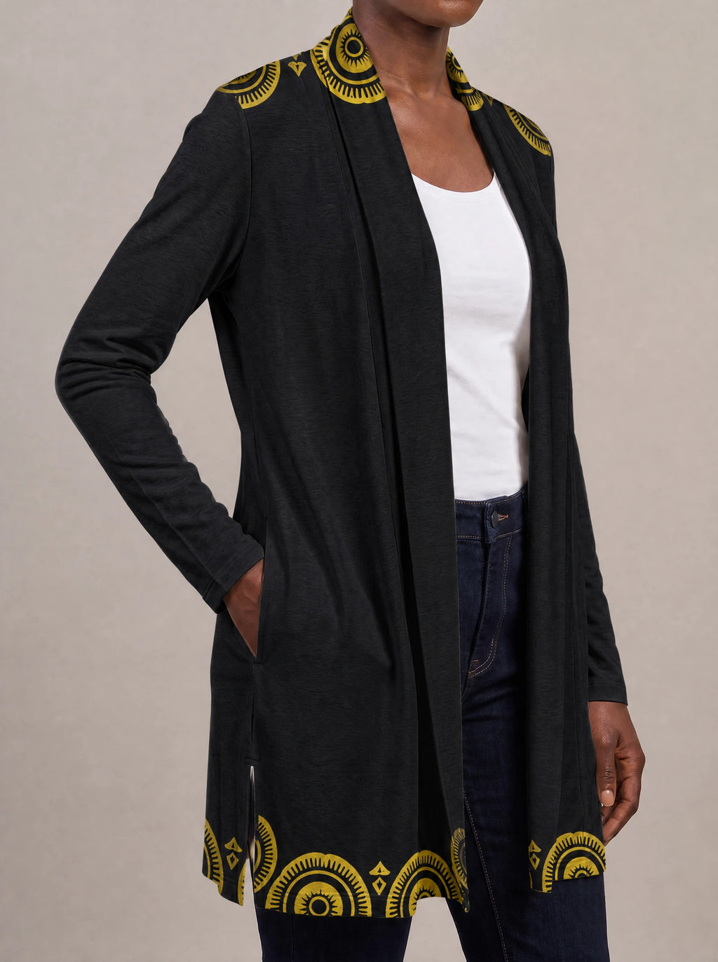 "Mamafo" Long Cardigan — close-up of the hidden pocket