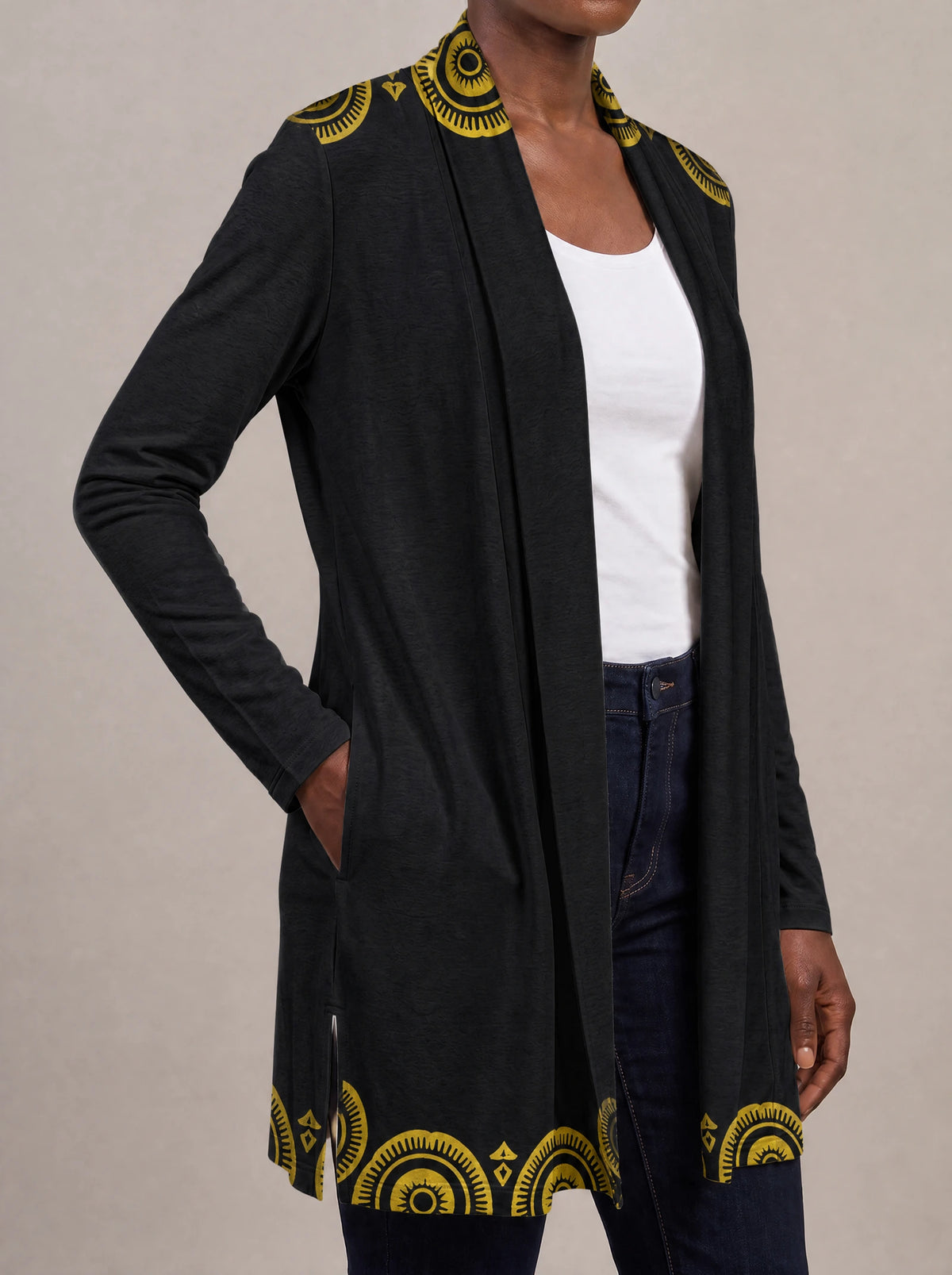 "Mamafo" Long Cardigan — close-up of the hidden pocket