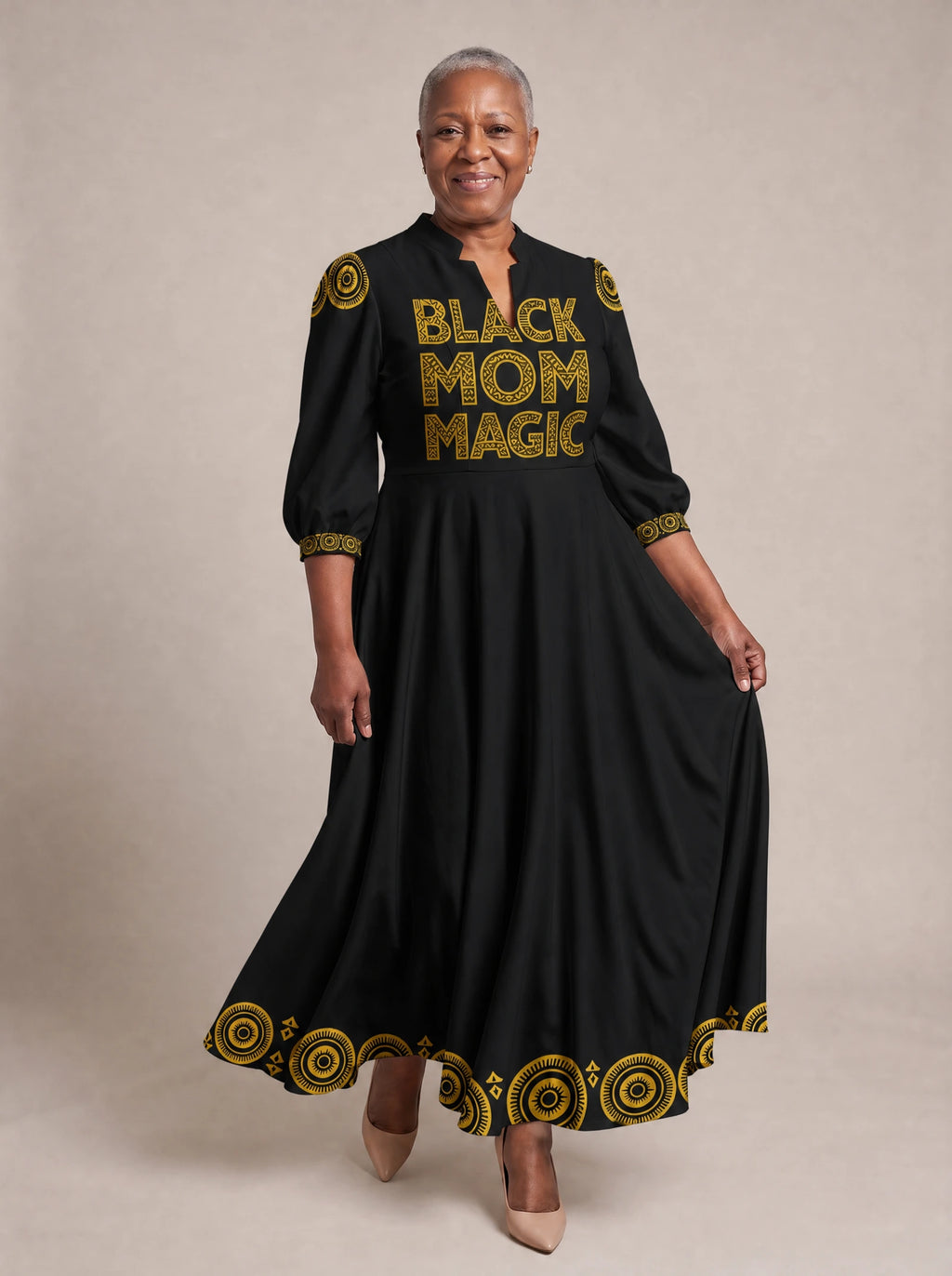 "Mamafo" Puff Sleeve Maxi Dress — walking, three-quarter view on model