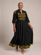 "Mamafo" Puff Sleeve Maxi Dress — walking, three-quarter view on model