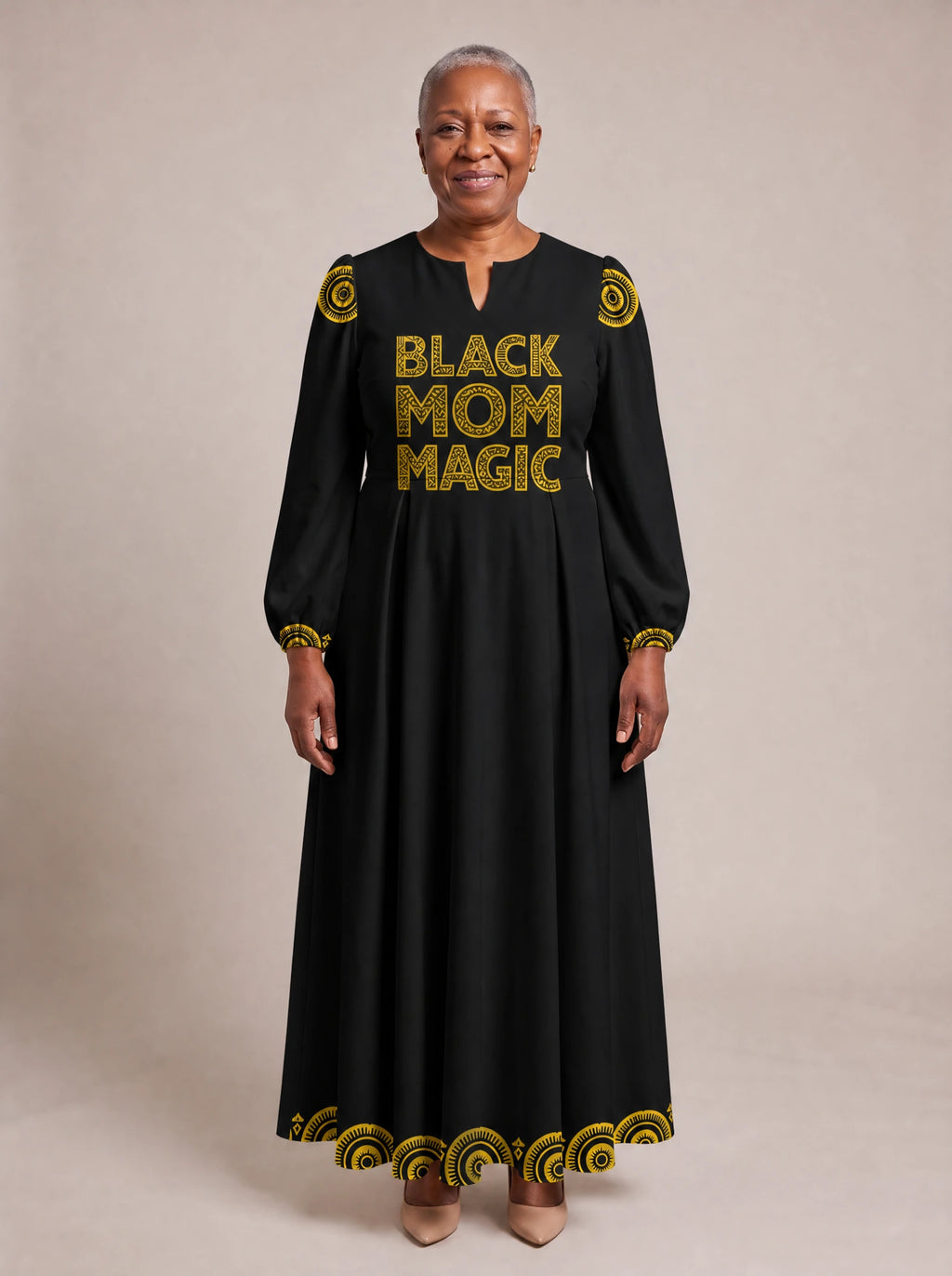 "Mamafo" Puff Sleeve Maxi Dress — standing, angled view on model
